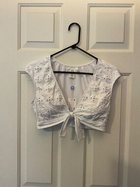 Bleu Rod Beattie tie front cap sleeve crop bikini top white size 10